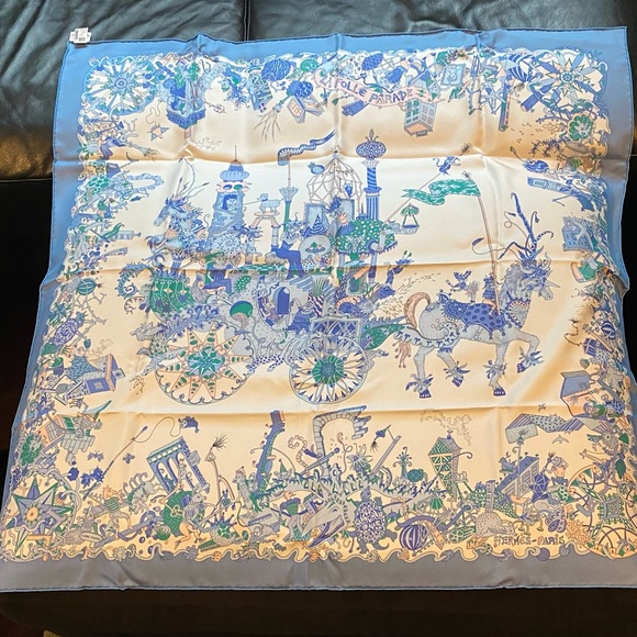 Hermes Silk La Folle Parade Scarf in Bleu and Blanc - Picture 2 of 4